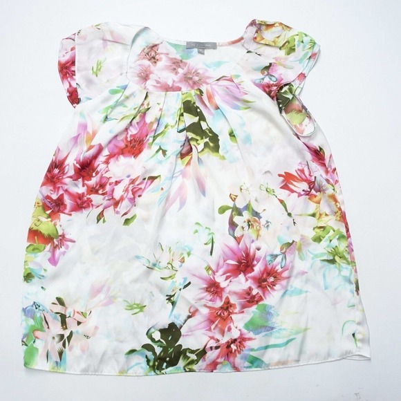 Ny Collection Blouse Women's Medium Multicolor Floral Pleated Flutter Cap Sleeve - Picture 1 of 5